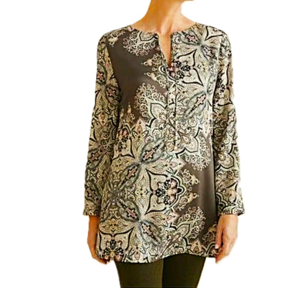 Chico's Kurta Medallion olive tunic top size 0
